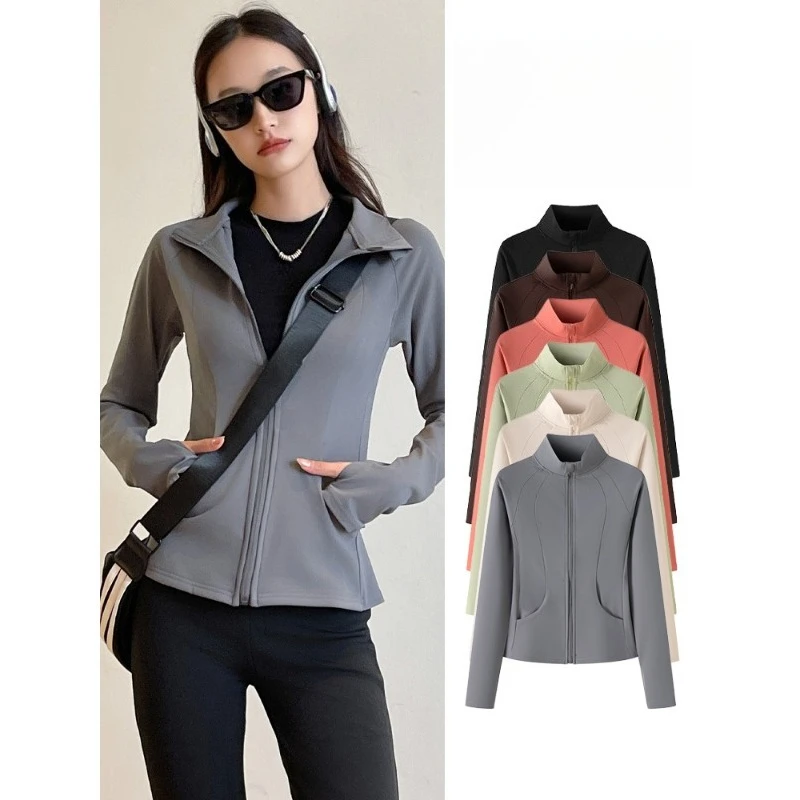 Fleece Lined Windproof Yoga Jacket for Women Slim Fit Stand Collar Zip Up Long Sleeve Top