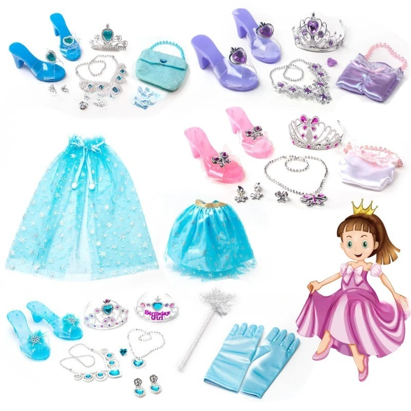 Juguetes de vestir para niñas, accesorios de juego de rol de princesa, coronas, tacones altos, zapatos, pendientes, collares, conjunto de maquillaje para niños, regalos de cumpleaños