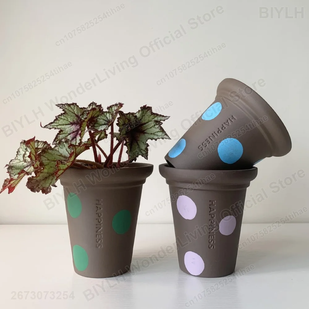 

Handmade Polka Dot Clay Flowerpot Dot Floral Pattern Breathable Bonsai Vase Green Plant Pot Garden Art Tabletop Home Decor
