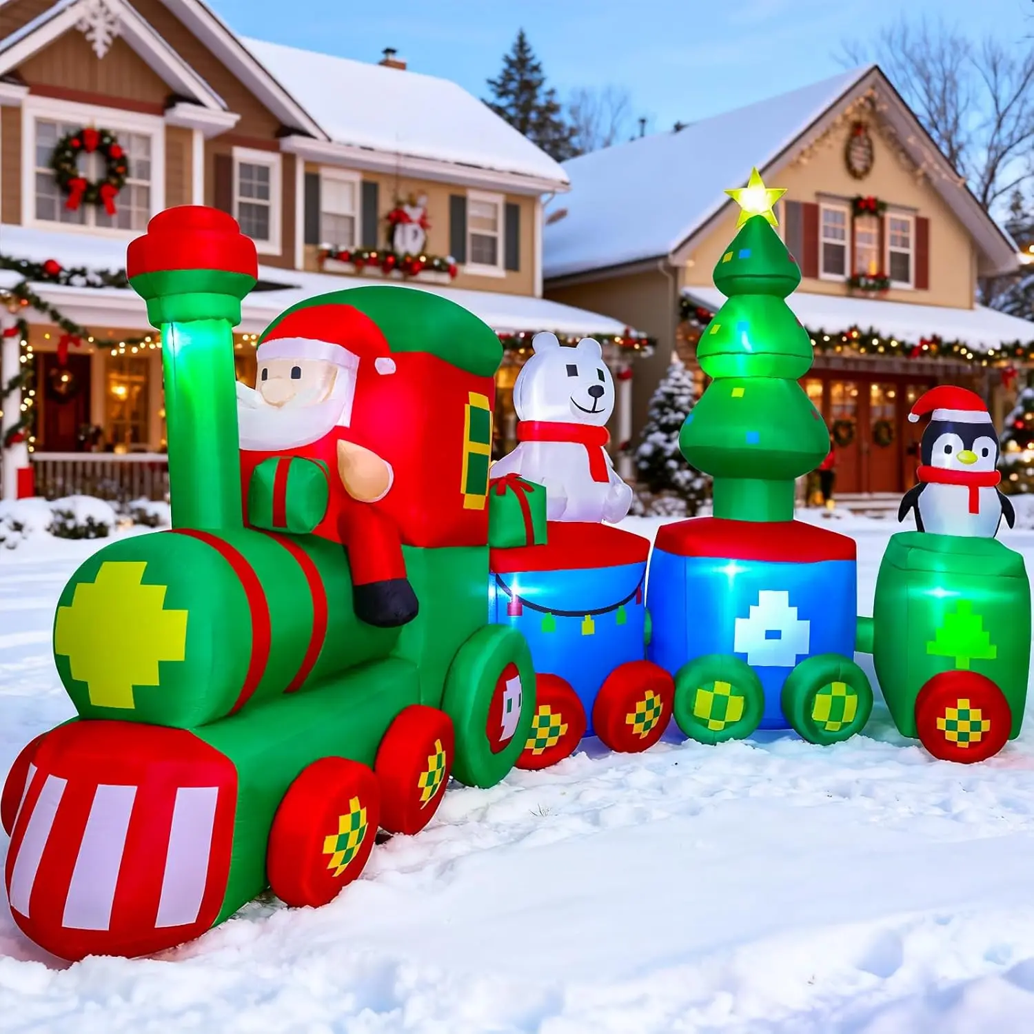 14FT Christmas Inflatables Train with Santa Claus Bear Penguin Christmas Tress Built-in LED Lights Blow Up for Party Holiday Dec