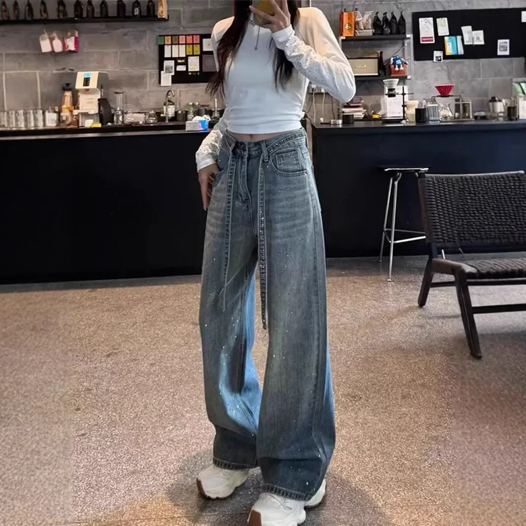 Pop Heavy Duty Rhinestone Shiny Wide Leg Jeans High Waist Slim Straight Fashionable Versatile Long Pants For Women Spring New St