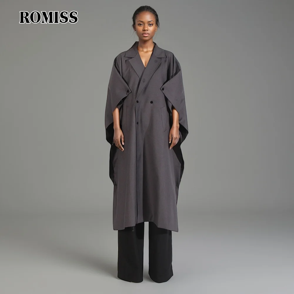 ROMISS Solid Loose Patchwork Pockets Trench For Women Notched Collar Short Sleeve Spliced Buttons Designer Coats Female