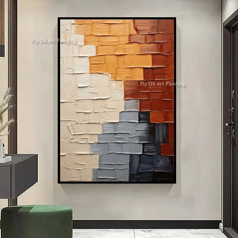 Cream Coffee Geometric Texture Canvas Hand Painted Plaster Layer Oil Painting, Modern Japandi Household Entry Wall Ornament