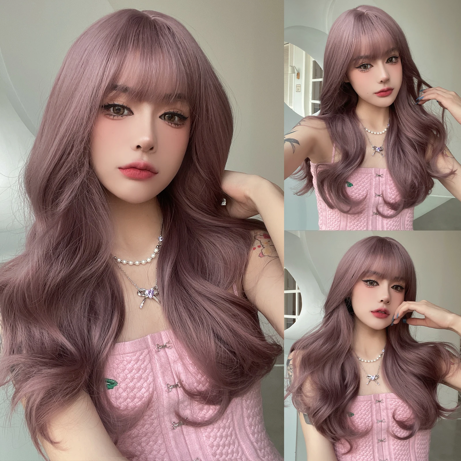 MEISU Pink Brown Curly Wave Bangs Wigs 22 Inch  Fiber Synthetic Heat-resistant Deep Wave Wig Party or Selfie