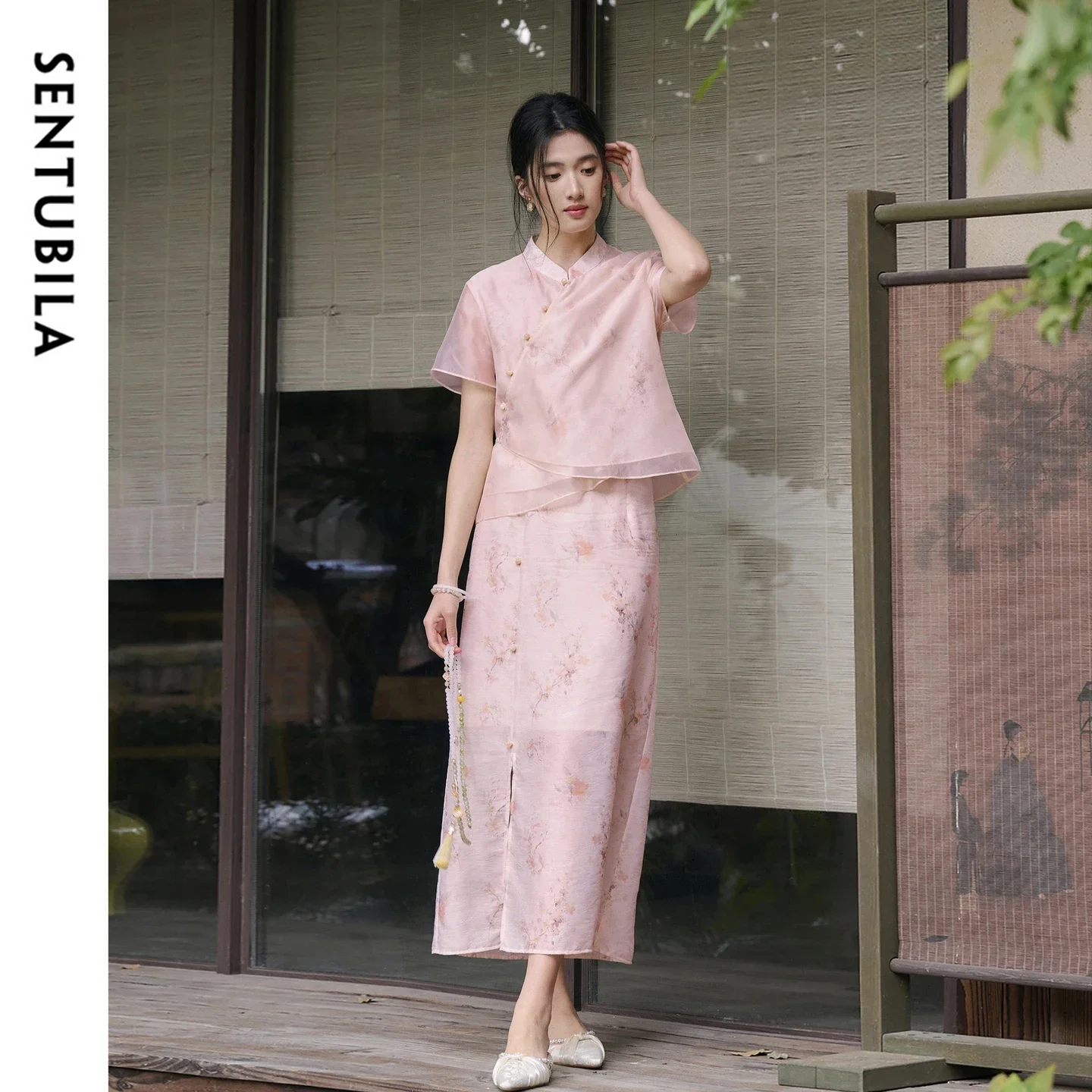 SENTUBILA Women's Matching Set Summer Chinese Style Cropped Top 2026 Elastic Waist Print A Line Skirt 2 Piece Set 162ZJ5387
