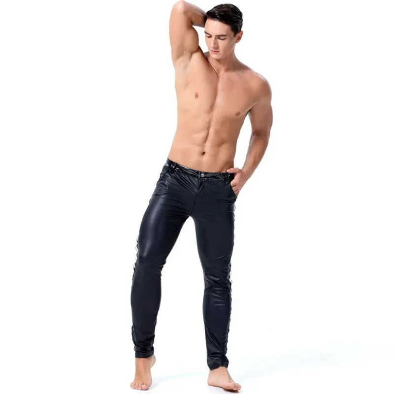 Men Black Skinny Pants Stretch Leggings Sexy Latex Long Trousers Dance Costume PVC Faux Singers Dancer Dance Latex Leggings