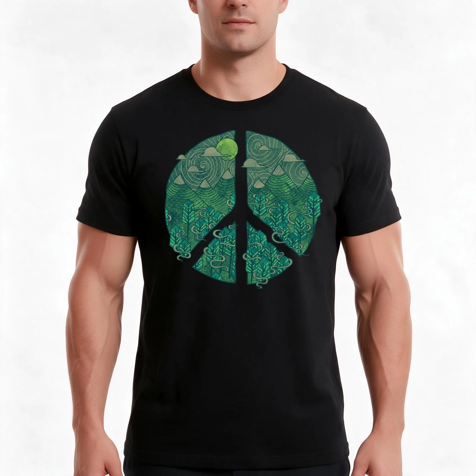 Peaceful Landscape T-Shirt, Summer Casual Cotton Tee, Oversized Streetwear Tops, Vintage Graphic Print, Loose Fit Short Sleeve