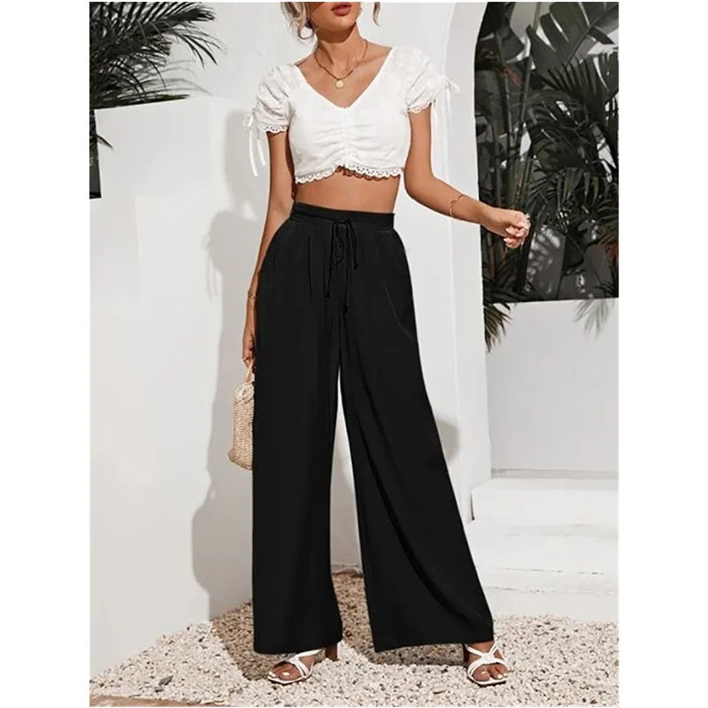 الصيف المرأة فضفاضة واسعة الساق عارضة السراويل الشارع Sle مادة رقيقة l الخصر السراويل الطويلة السيدات Faion