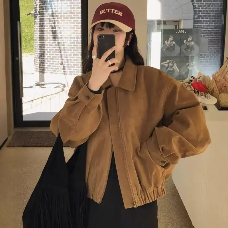 

Fashion Autumn Retro Western-style Outfit Jacket Loose Collar Casual Baseball Jacket for Women Clothes