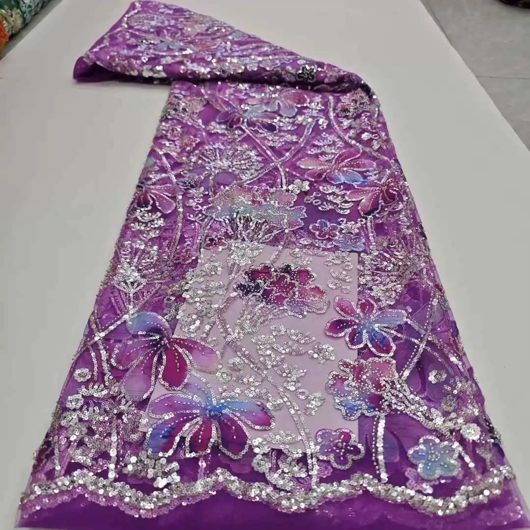 Luxury African Sequins Beaded Lace Fabric 2025 High Quality Groom Nigerian Wedding Bridal Embroidery French Tulle Sewing