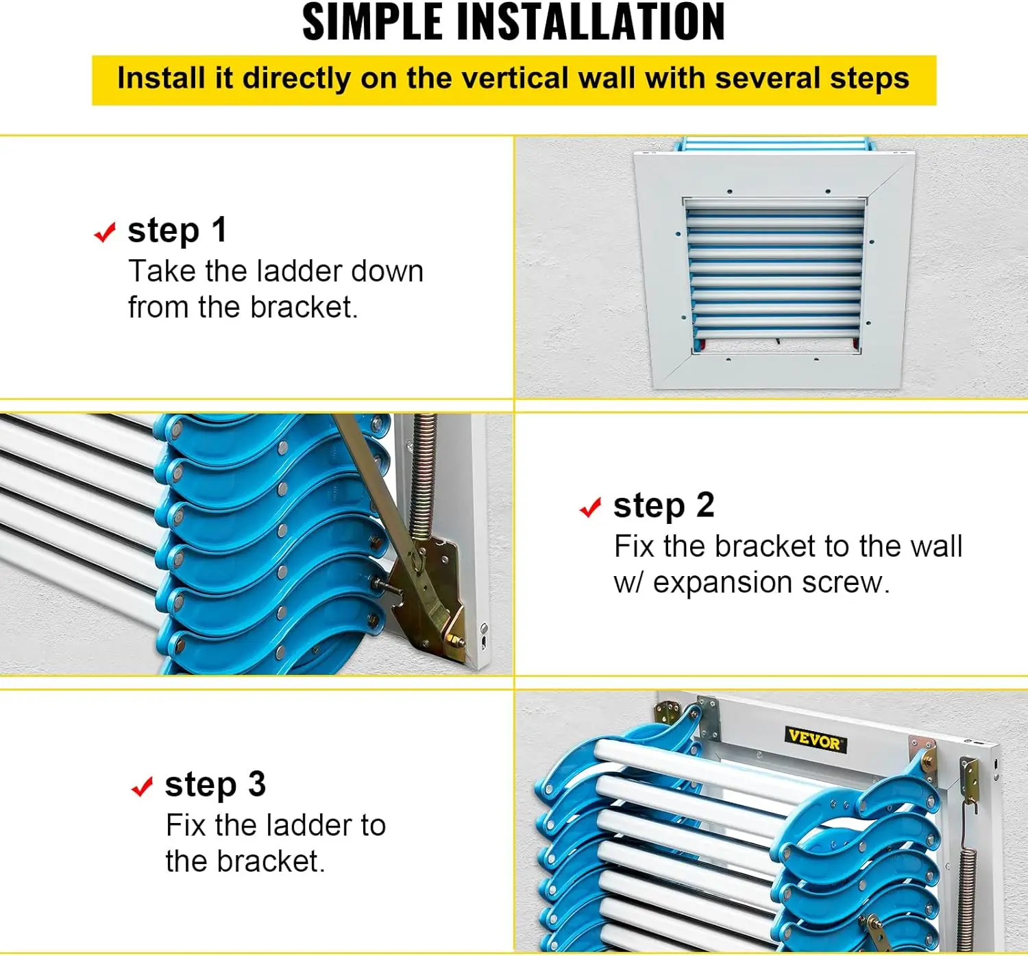 Imagem -05 - Escadas Dobráveis de Parede Pulldown Azul para Sótão Escada Retrátil com Braços 98 Pés de Altura