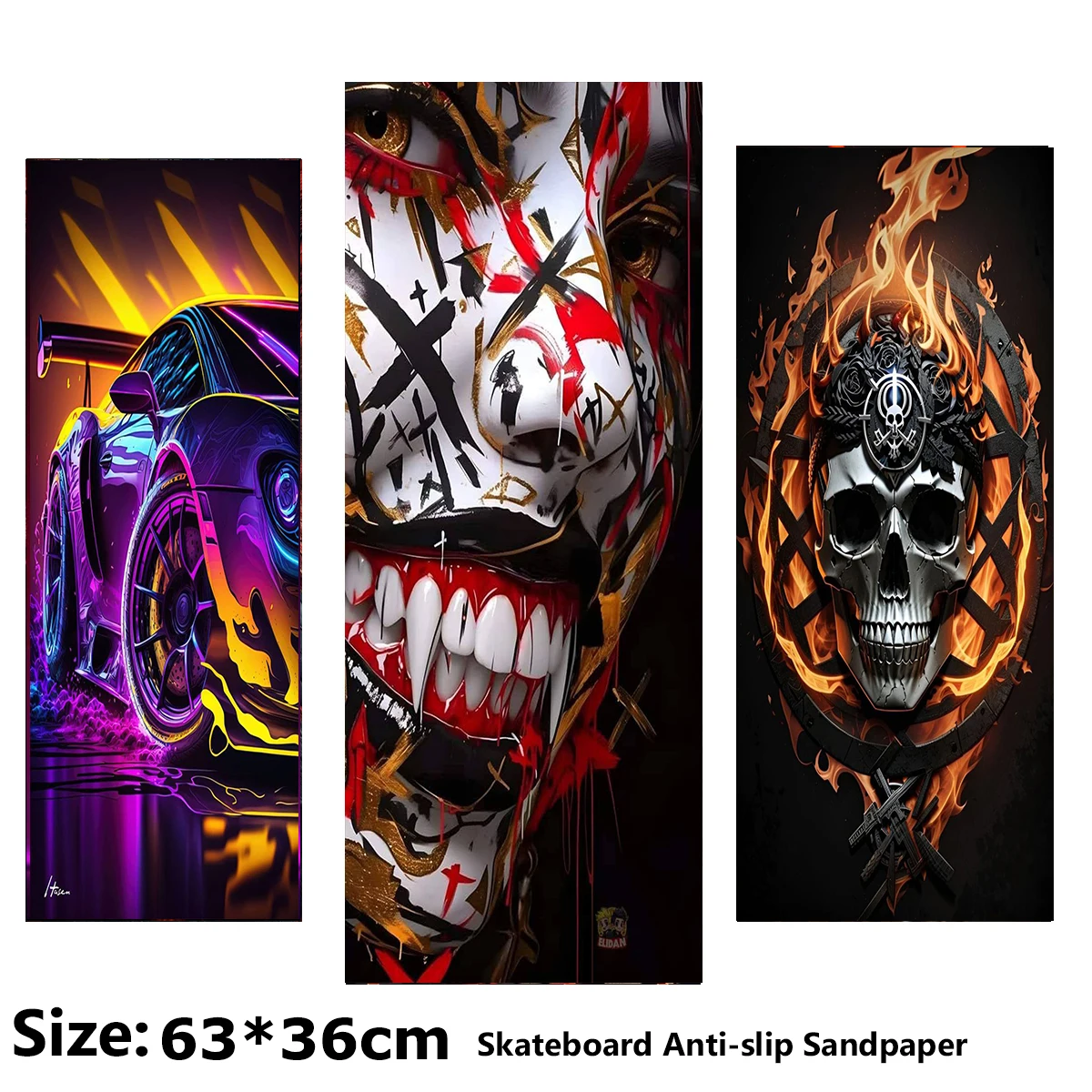 

Skull Painted Sports Car Pattern Electric Scooter Anti-slip Sticker Sandpaper Skateboard Grip Tape Sheet 63*36cm