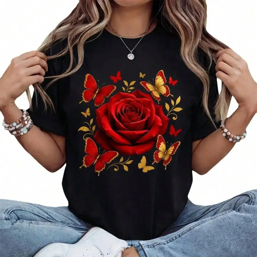 Women Crewneck T Shirt Essential Basic Ornate Red Rose And Butterflies Vintage Floral Design Bold Print Daily Wear Trendy Outfit Top