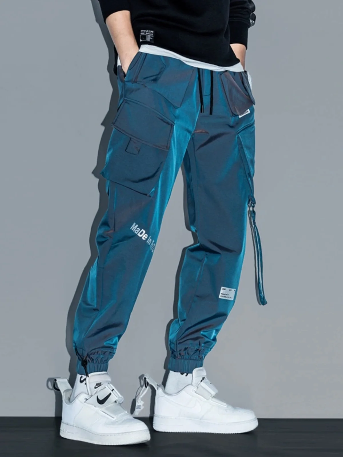 

Men's Laser Reflective Multi-ket Work Trousers Casual Slim Fit Long Pants Youthful Vitali Sle Autumn Season Regular Th...