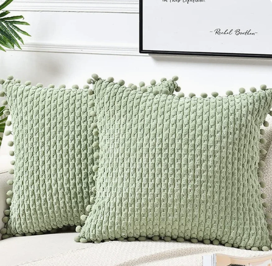 Orange Fall Pom-Pom Throw Pillow Covers 18x18 Inch, Rustic Farmhouse Boho Soft Plush Corduroy Cushion Cover 30x50CM/50x50CM