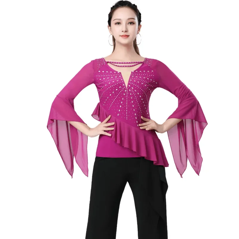 Gitba's new diamond studded V-neck trumpet sleeve dance top square dance Latin dance three step performance costume