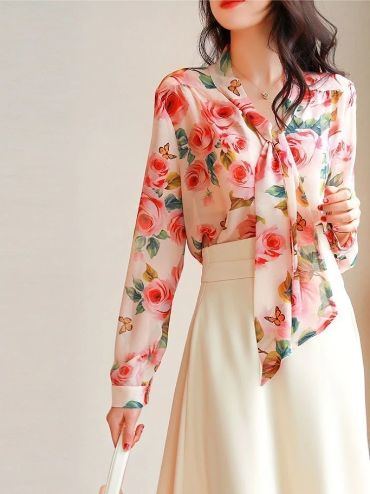 

Женская блузка из шифона с бантом во французском стиле, свободного кроя, с длинным рукавом, весна 2026, уникальный дизайн