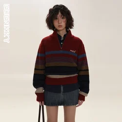 Y2k Vintage Striped Sweater Women Aesthetic Knitted Jumpers Turtleneck Streetwear Korean Fashion Half Zipper Pullover Autumn