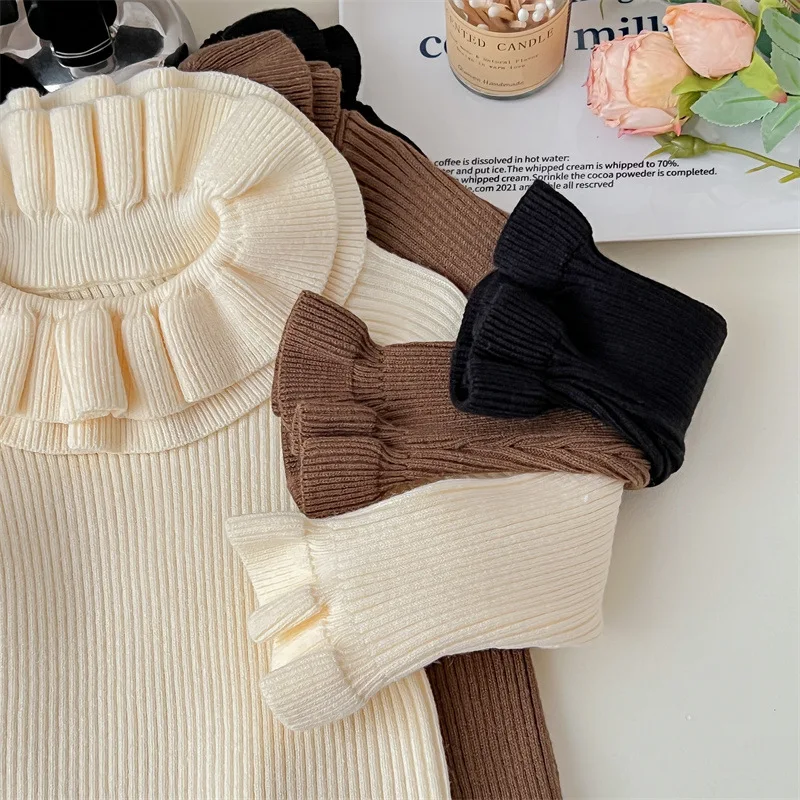 Petal Collar Sweater for Girls Korean Kids Autumn Winter Thicked Warm Knitted Pullover Slim Long Sleeve Bottoming Tops