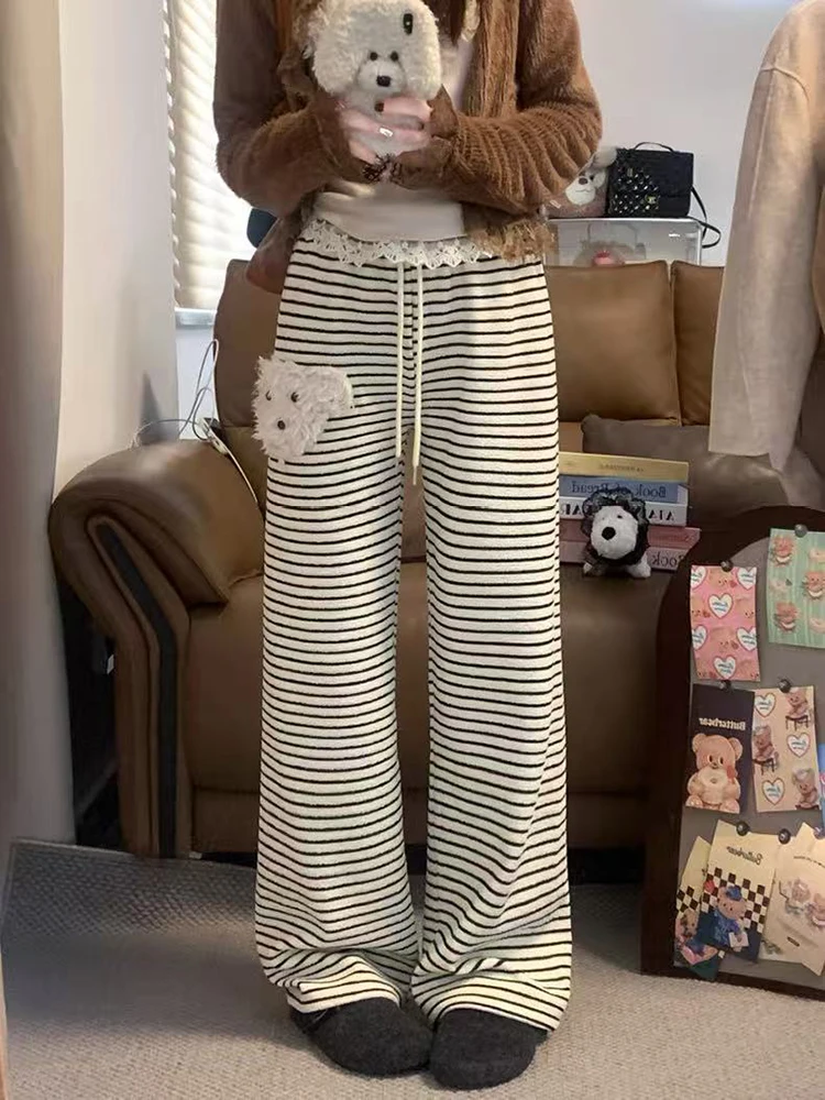 لطيف شعر جرو بنطال ذو قصة أرجل واسعة النساء الشتاء فضفاض الرباط سراويل تقليدية Y2K عالية الخصر شريط كل مباراة بنطلون مستقيم #1