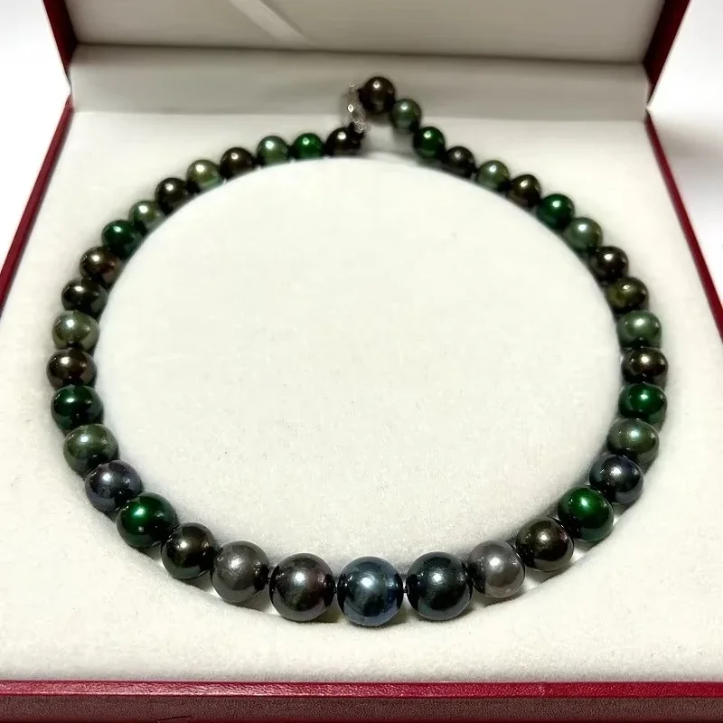 

14-12mm Natural Mixed-color Pearl Necklace Black Peacock Green
