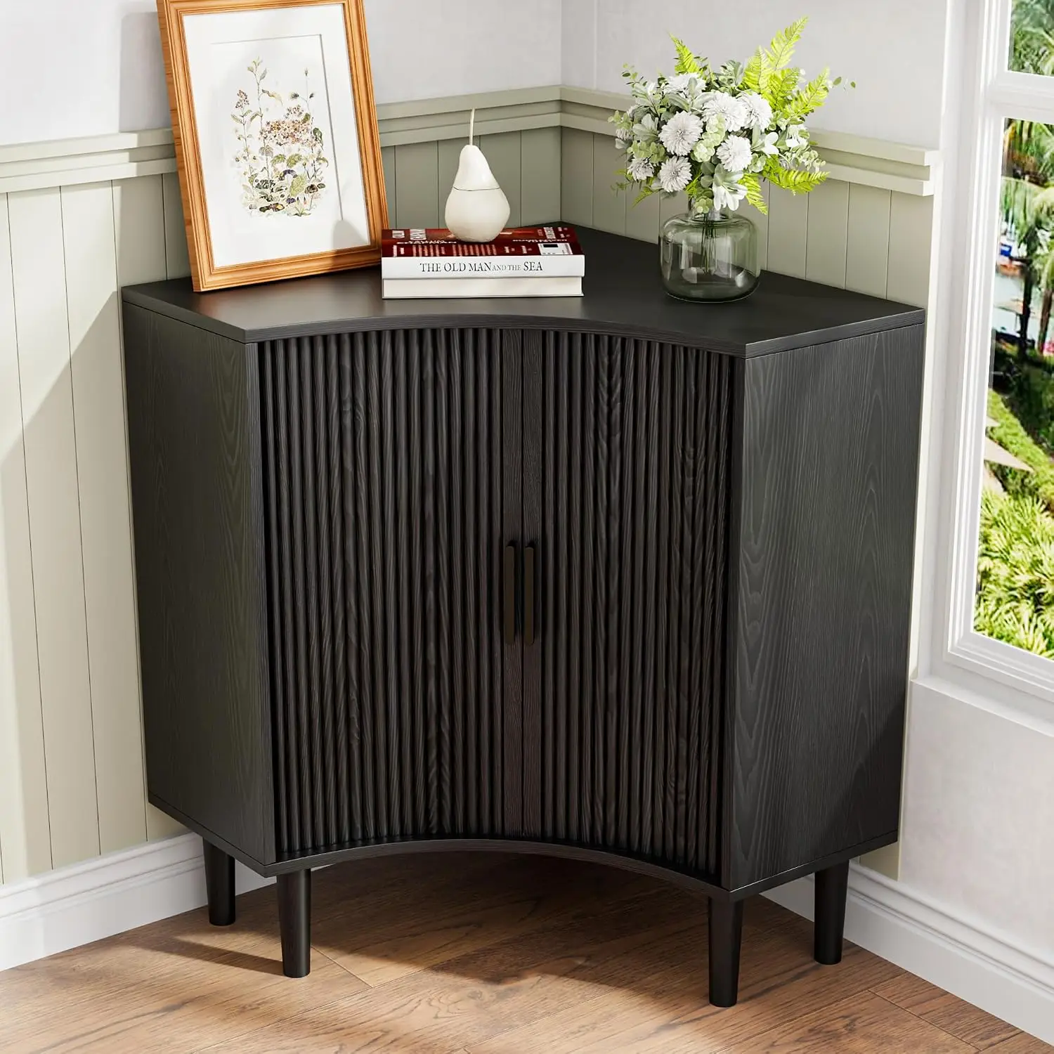 Fluted Corner Cabinet Sliding Doors Adjustable Shelves Storage Bathroom Living Room Kitchen, Customized