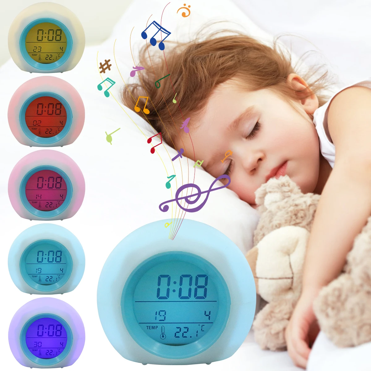 Kids Alarm Clock LED Digital Clock 7 Color Changing Night Light Bedside Clock with Indoor Temperature 12/24H Battery Powered