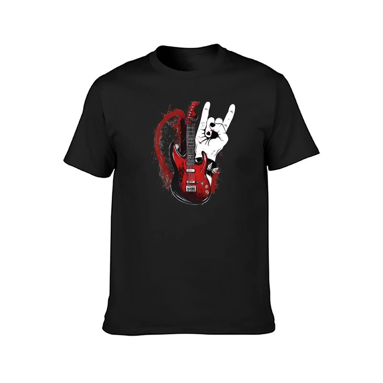 E-Gitarre und Rocker Hand Geste Kunst T-Shirt schwarz übergroße Rohlinge Herren schlichte T-Shirts