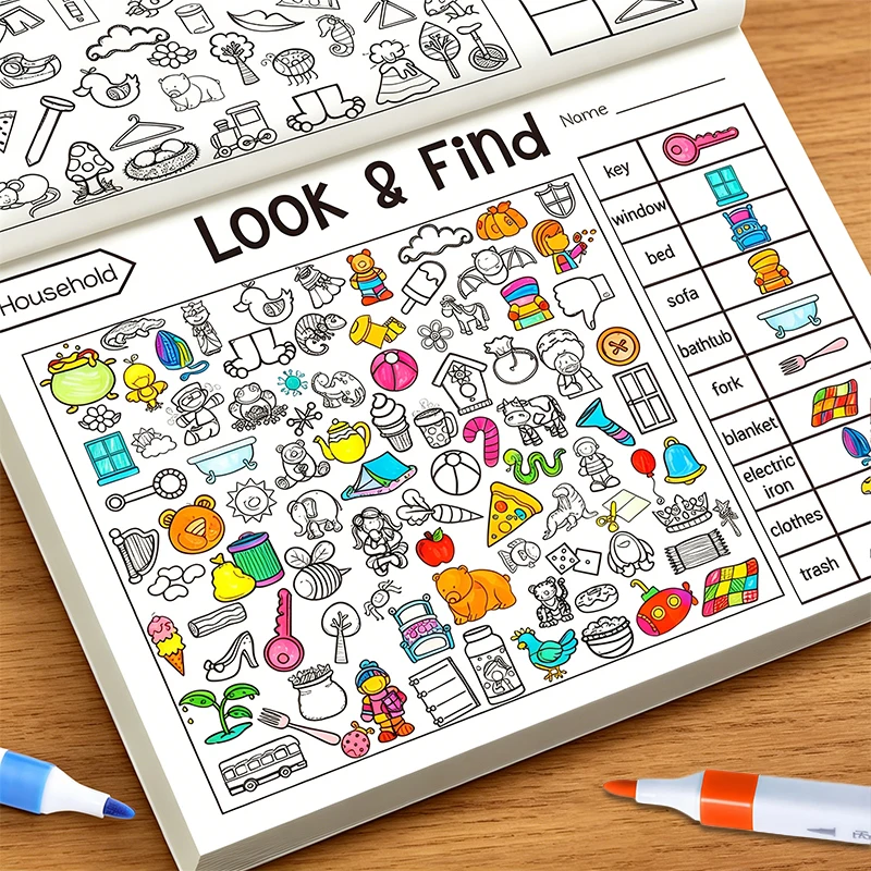 Children's Interactive Hidden Object Book, Object Search and Coloring Game Book, Enhances Concentration, Observation Skills, and Fine Motor Skills, Suitable for Home and School Use