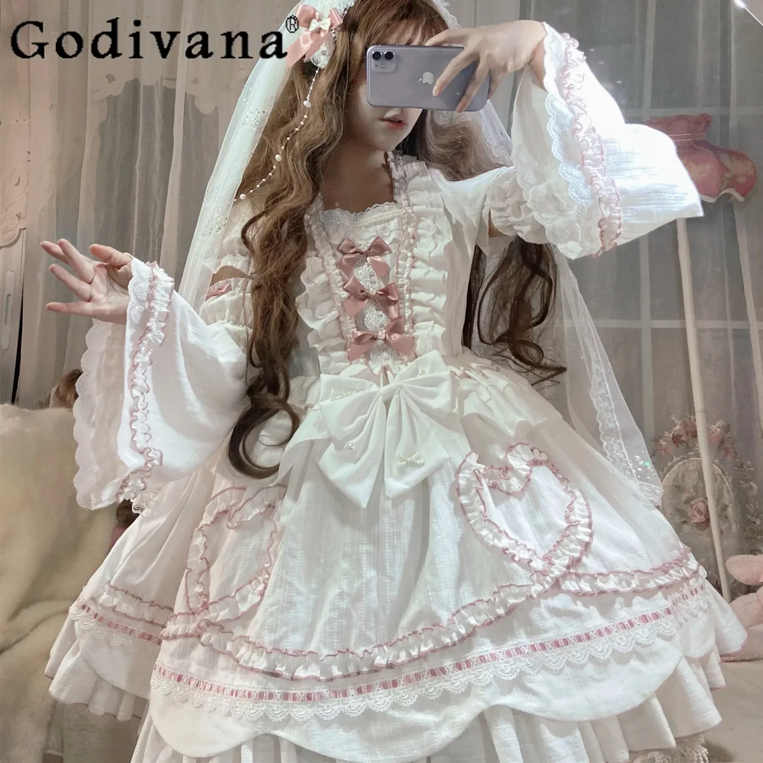 Lady Sweet Wedding Party Lolita Dress Victorian Women Vintage Bow Ruffles Flowers Kawaii Princess Dresses Elegant White Dresses