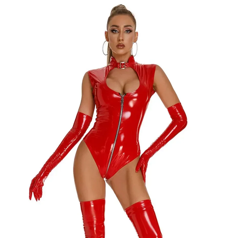 

Women Sexy Elastic PVC Latex HIgh Cut Bodysuit Hollow Out Open Bust Crotch Tights Oil Shiny Leotard Sleeveless Cosplay Dance