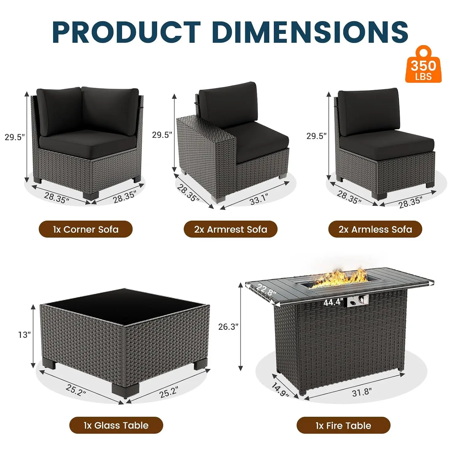 44'' Fire Pit Table Outdoor Sectional Sofa Set 7 Pcs Patio Furniture, Customized