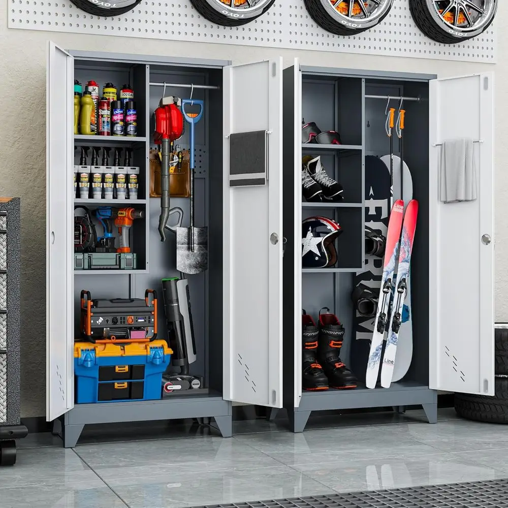 

Двойная стойка для лыж и металлический шкаф с дверцами и полками, надежное хранение для гаражей, сараев и любителей лыжного спорта