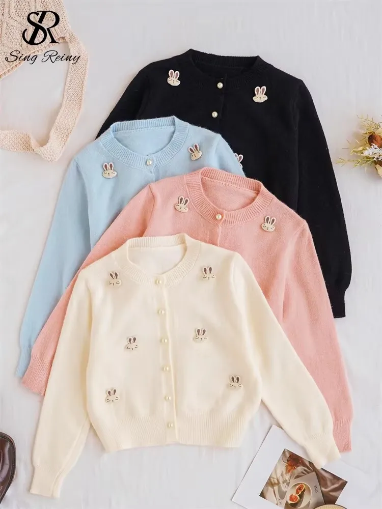 SINGREINY High Quality Autumn Sweater 2024 Ladies O-Neck Full Sleeves Loose Chic Design Style Soft 3D Rabbit Knitting Cardigan