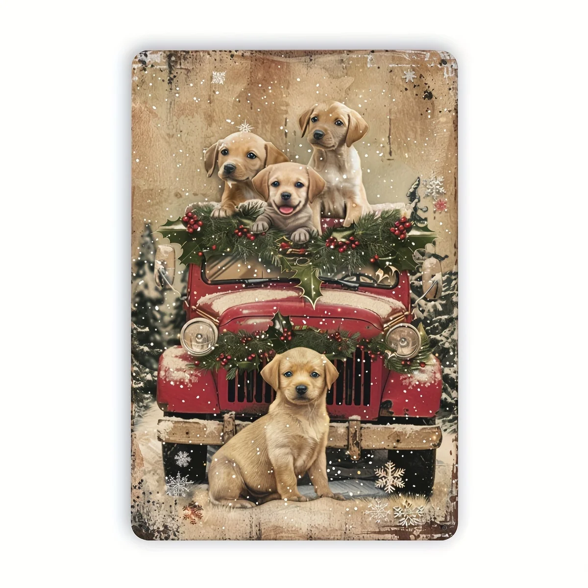 (2D-Blechmalerei) Langlebiges Eisen-Blechschild „Winter Wonderland Puppies“ im Vintage-Stil – Niedliche Hunde, Weihnachtsthemen-