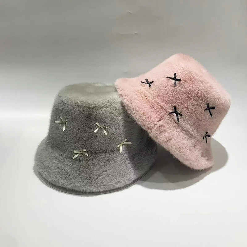 2024 Winter New Bow Bucket Hat for Women Faux Fox Fur Warm Windproof Fluzzy Fashion Panama Female Cute Versatile Fisherman Cap