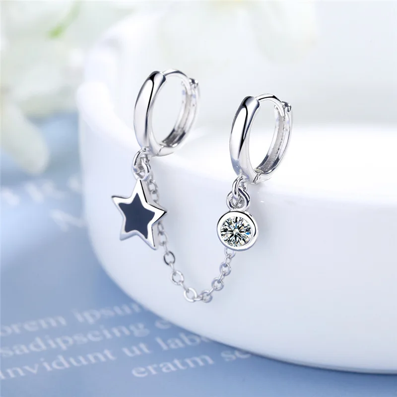 1PCS Silver Plated Two Ear Hole Earrings For Women Fashion Jewelry Exquisite Tassel Zircon Star Earring Party Accessories E177