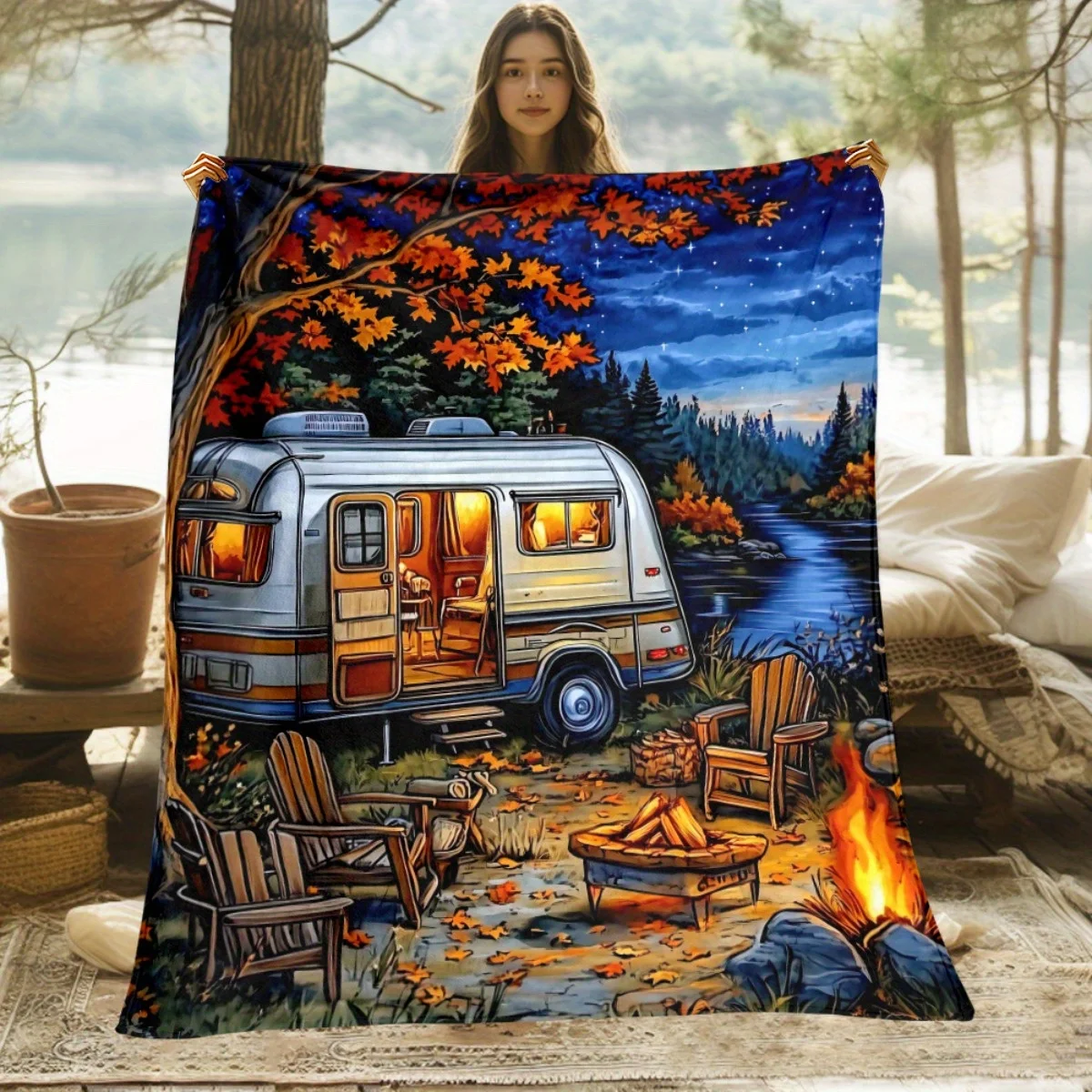 Large Autumn Camping Blanket RV Van Fall Landscape Throw 150x230cm Cozy Picnic Outdoor Rustic Aesthetic Decor for Couch