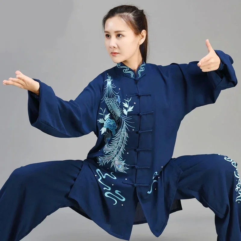 Women And Men Tai Chi Embroidery Dragon Phoenix Kung Fu Uniform Long Sleeve Wushu Clothes Loose Two Piece Suit Shirt&Pa MN8