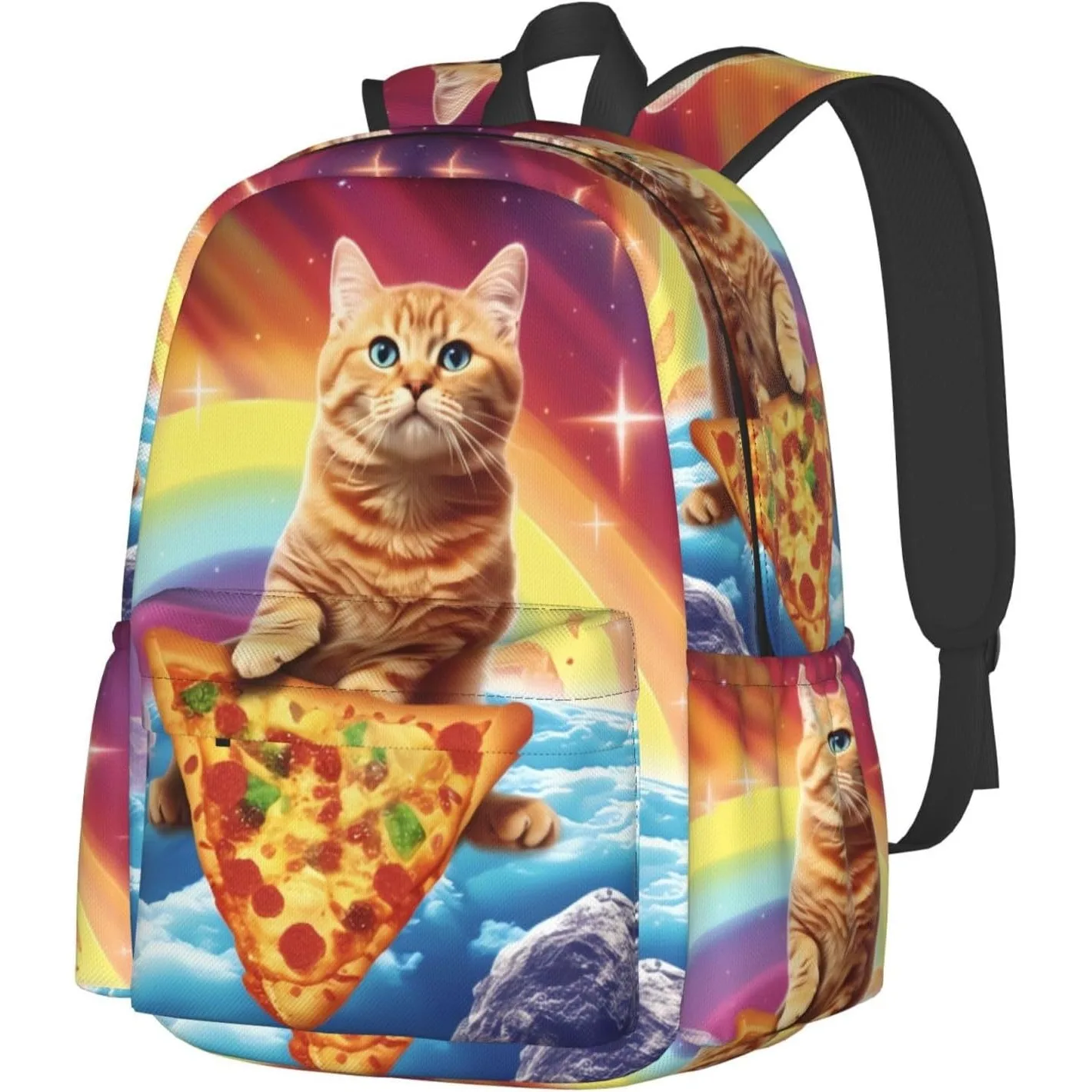 17 Inch Backpack Funny Pizza Cat Rainbow Laptop Bag Shoulder Bag School Bookbag Casual Daypack For Boys Girls