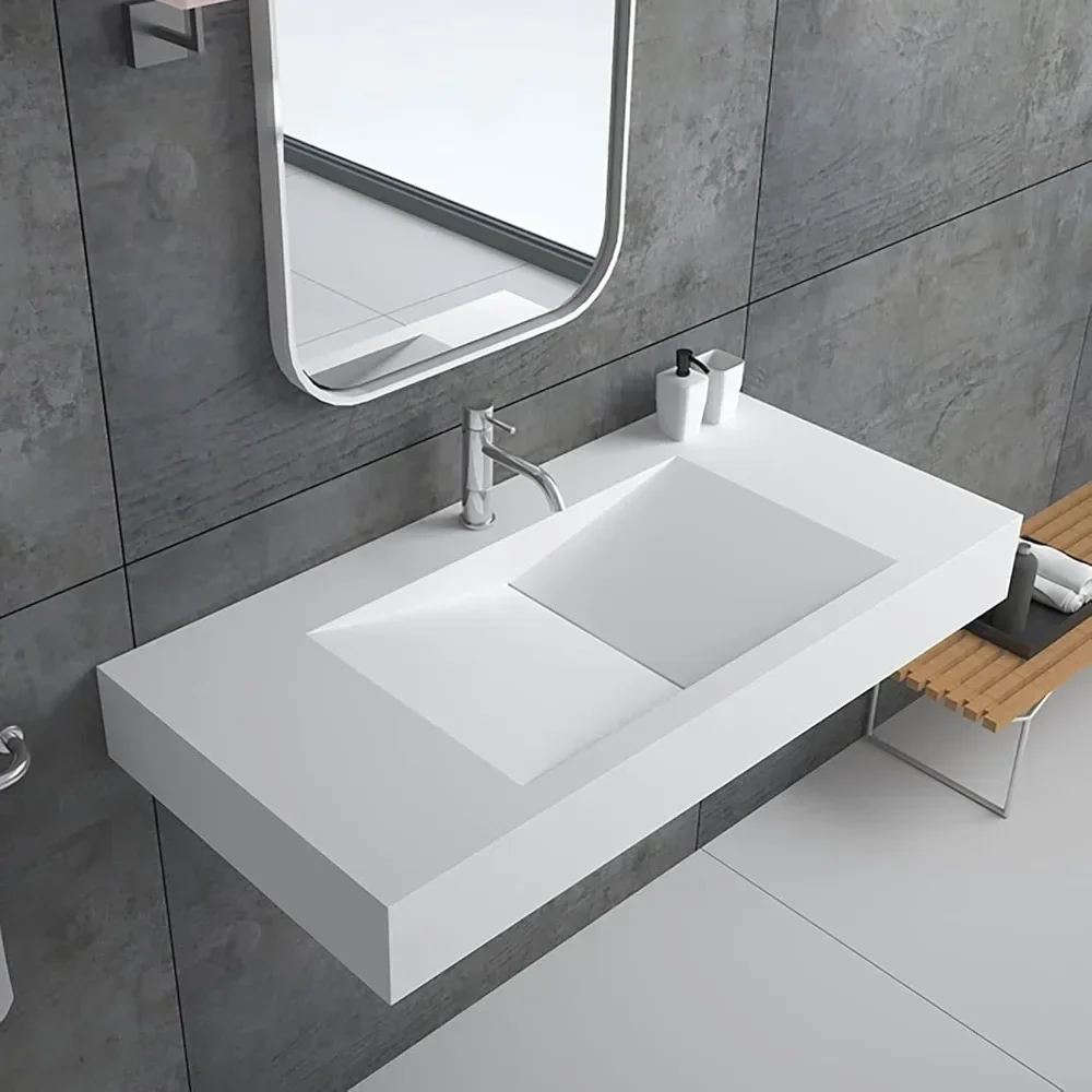 35'' Vessel Sink Wall-Mount Bathroom Sink V-Shaped Floating Sink Stone Resin in Matte White