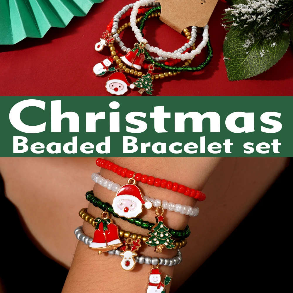 5pcs/set Bohemian style Christmas element Santa Claus snowman pendant glass bead bracelet celebrating Christmas gift with card