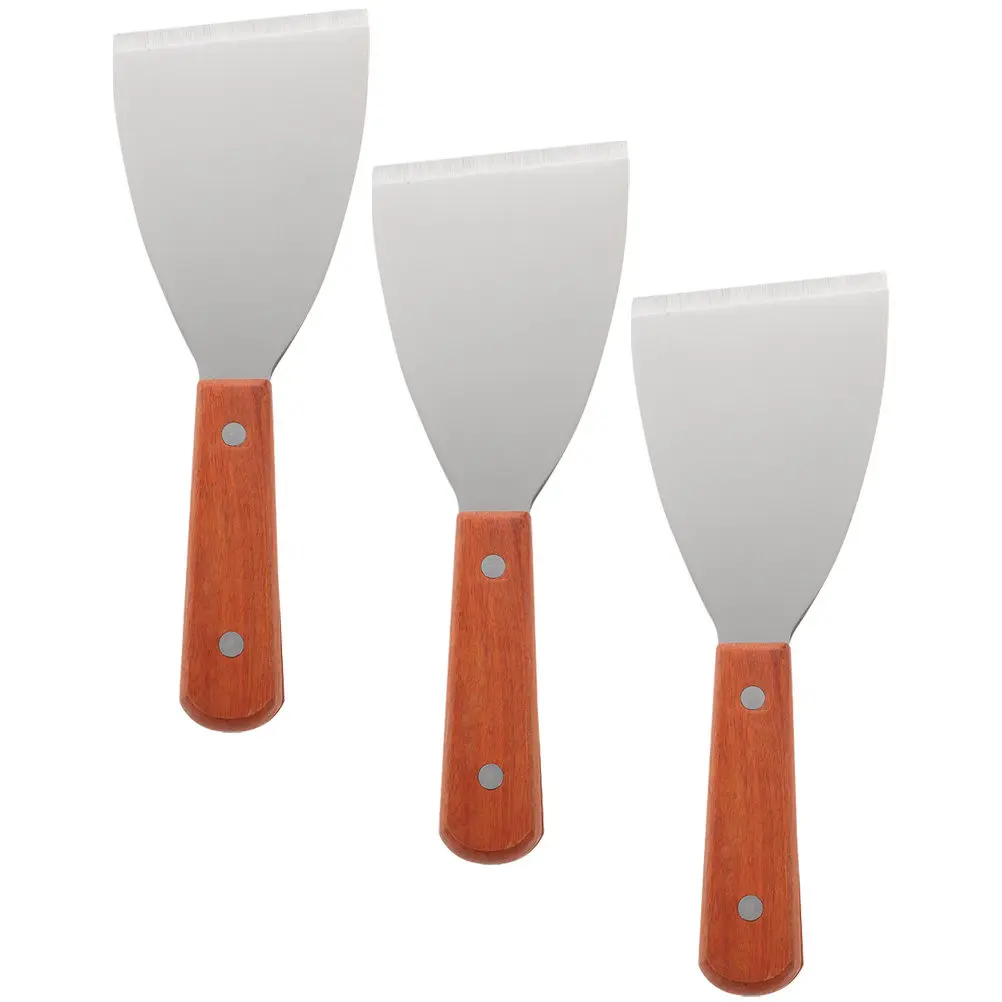 Stainless Steel Grill Spatula Set 3 Piece Wooden Handle Slant Scraper for Steak Pancake Cake Baking