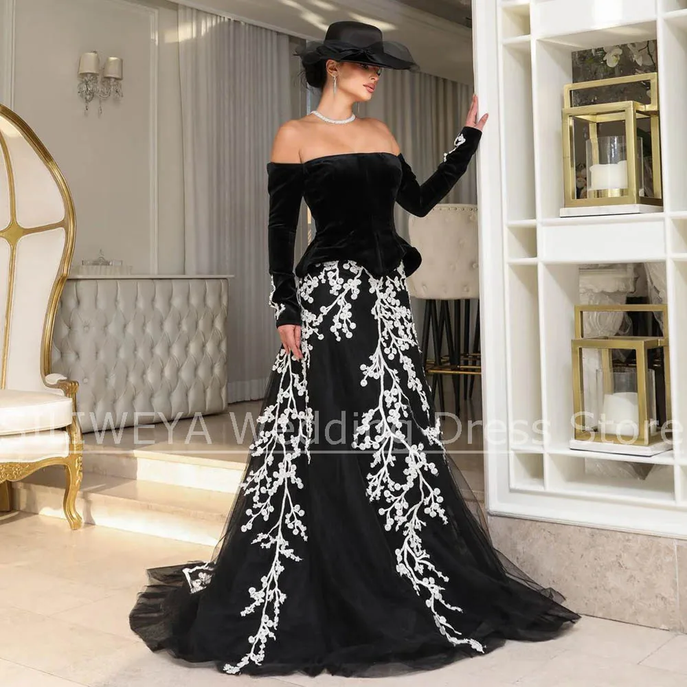 Czarne sukienki wieczorowe z aksamitu z białymi kwiatowymi aplikacjami, eleganckie suknie balowe z długim rękawem, rozkloszowane sukienki na studniówkę dla kobiet.