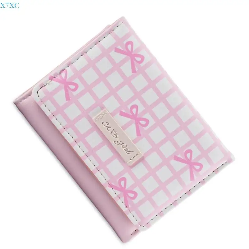 X7XC Stylish Short Purse Striped Texture PU Leather Bows Detail Compact Cash Pocket