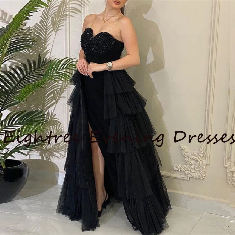 Newest Black Side Slit A Line Tiered Evening Dresses Sweetheart Arabia Sleeveless Formal Night Prom Dress Party Gowns Vestidos