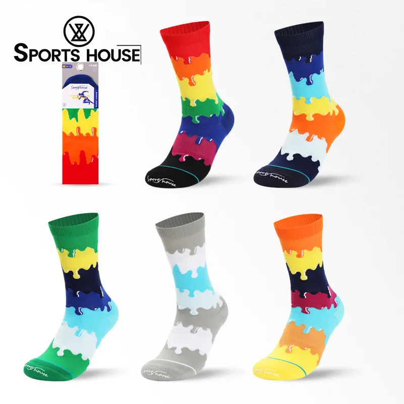 Sport's House Men's Mid-Calf Rainbow Socks,Towel Bottom Breathable Multi-functional Casual Sports Trendy Socks