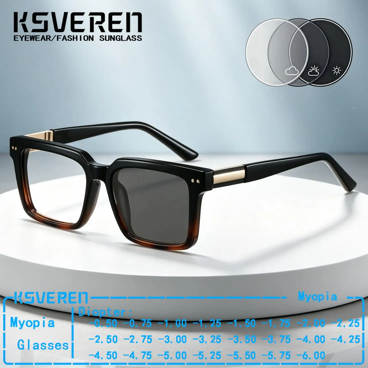 -0.50 To -6.00 Square Photochromic Myopia Glasses Men Women TR90 Negative Diopter Prescription Eyewear Sun Color Changing
