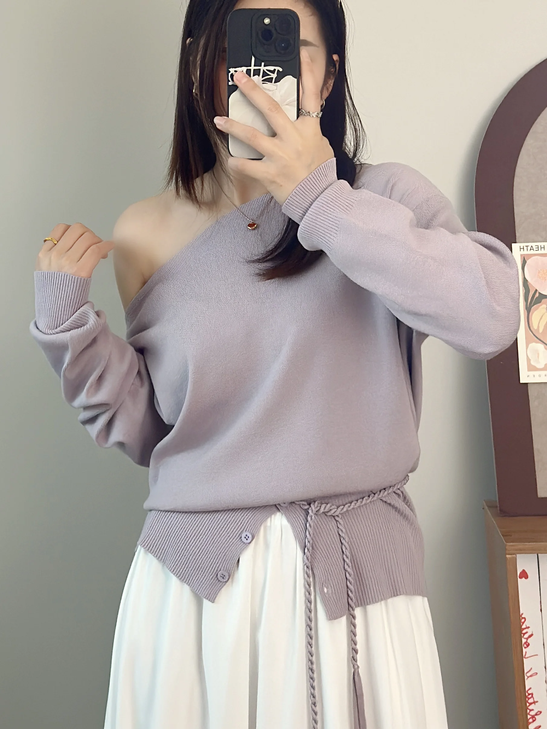 

Korean Design Pure Color One-oulder Knitwear Women's Spring New Lazy Sle Waist-Cinching Slimming Top Long Sve