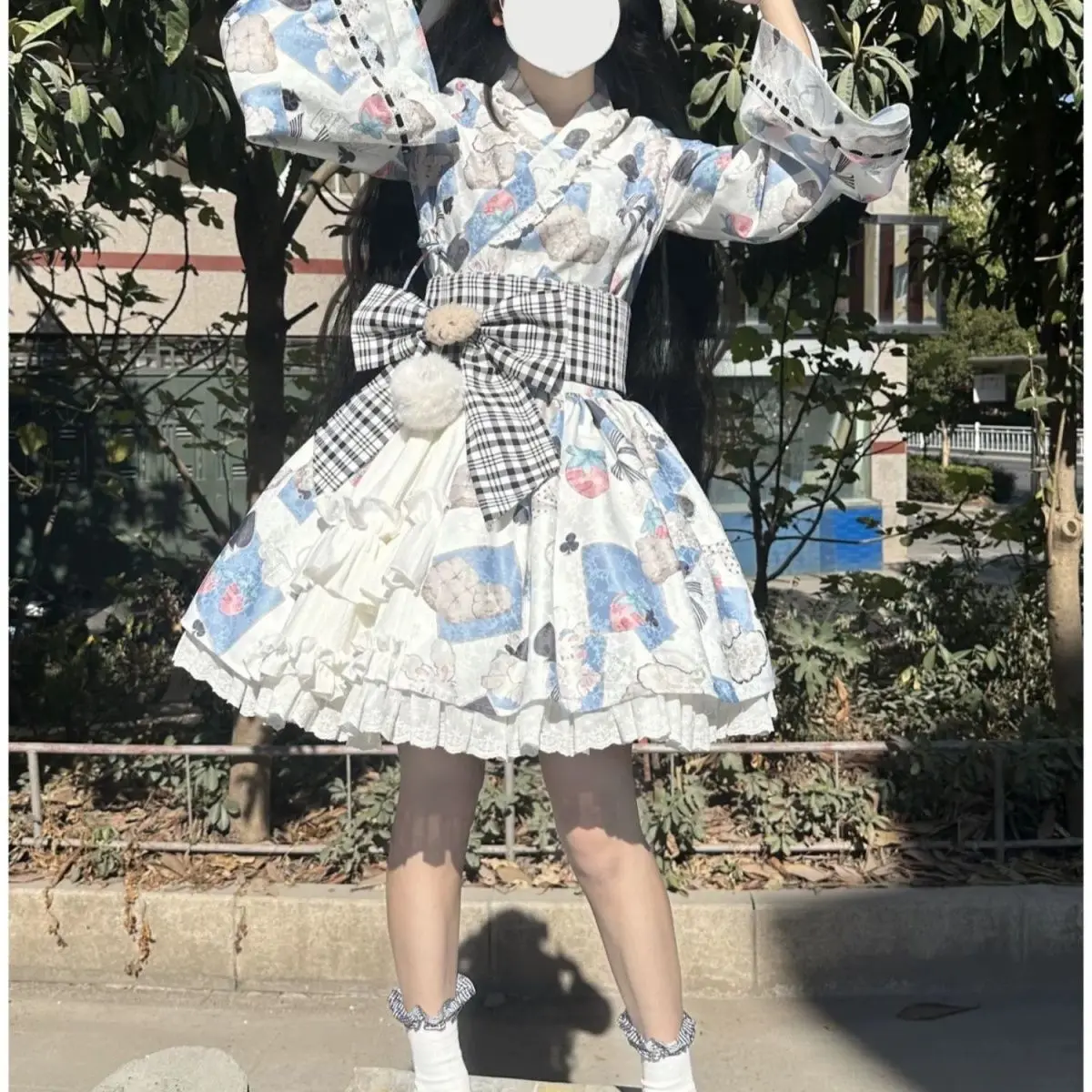 Vestido de renda manga longa para senhoras, lindo vestido de coelho Lolita, Zentai japonês, saia mágica, gato, estampa de renda, kawaii